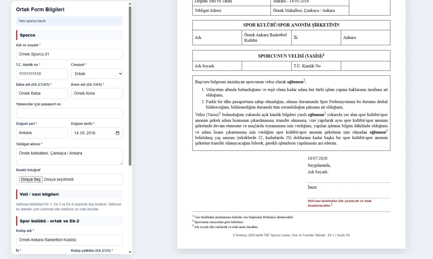 SKOREL lisans evraklarında sporcu ve veli bilgilerinin kontrolü